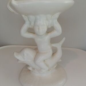 White Ceramic Cherub on Dolphin Pedestal Holland Mold Signed J.G 52